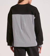 ELAN Margot Mixed Media Top in black black stripe - women's top - detail view