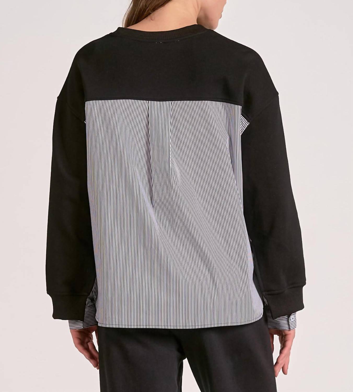 ELAN Margot Mixed Media Top in black black stripe - women's top - detail view