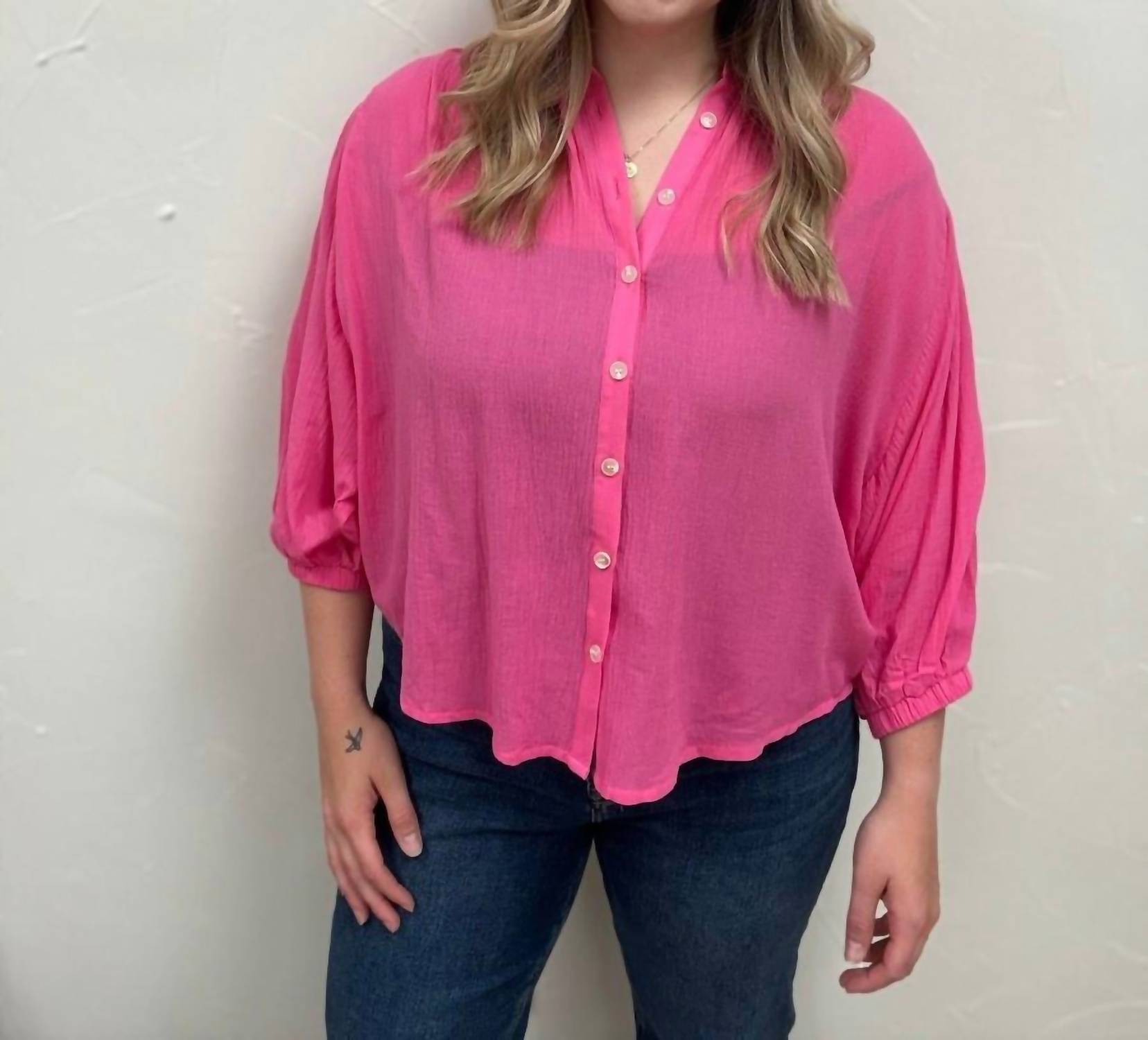 WISHLIST Button Up Peasant Blouse in hibiscus - women's blouse - alternate view