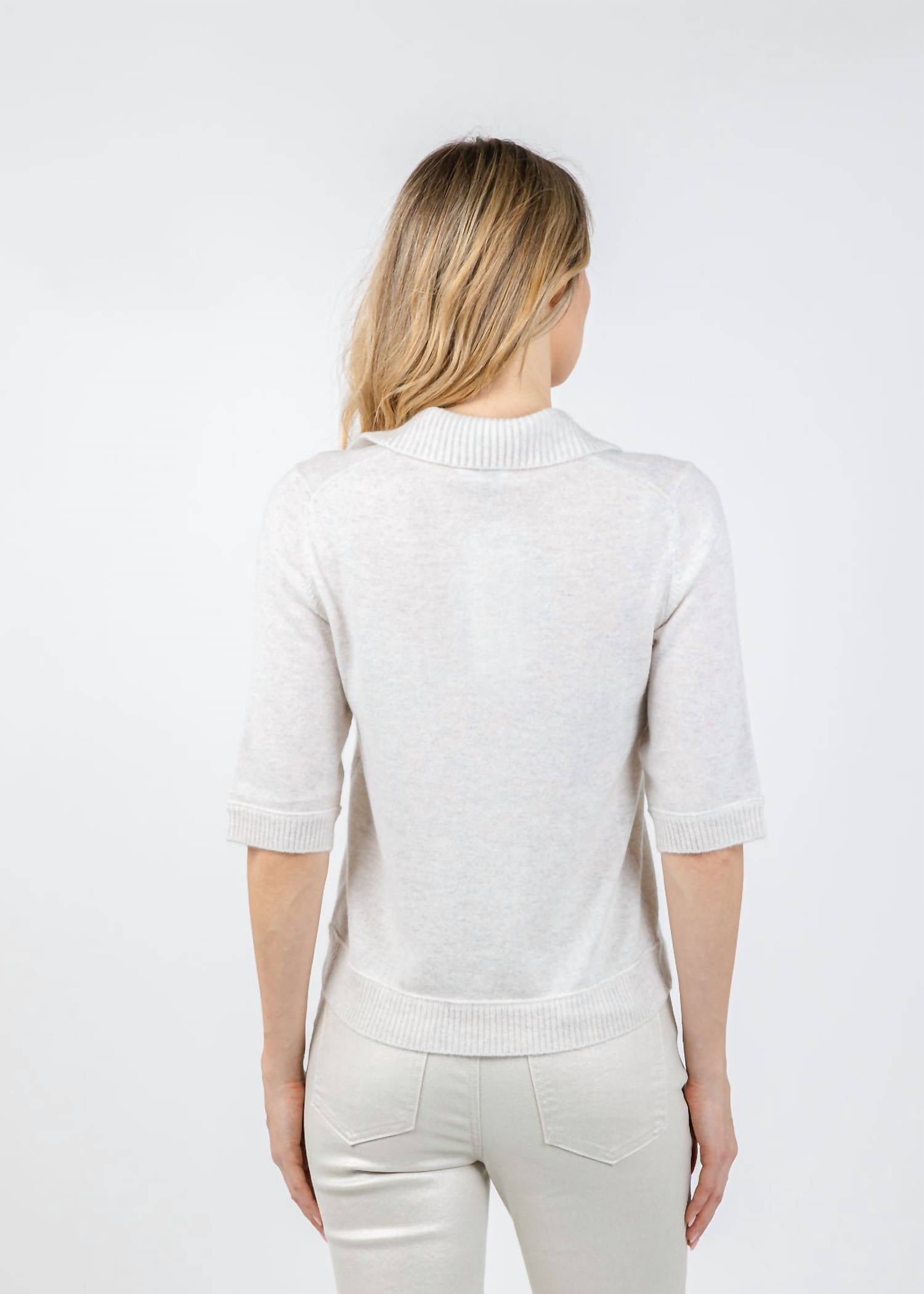 Kinross - Cashmere Crystal Button Elbow Sleeve Polo Top