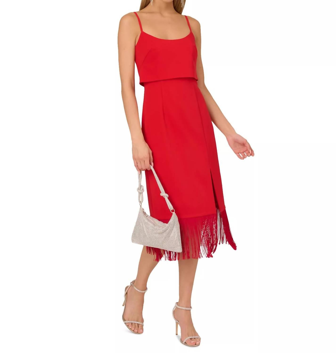 Adrianna Papell Women's Fringed-hem Midi Sheath Dress in red - women's dress