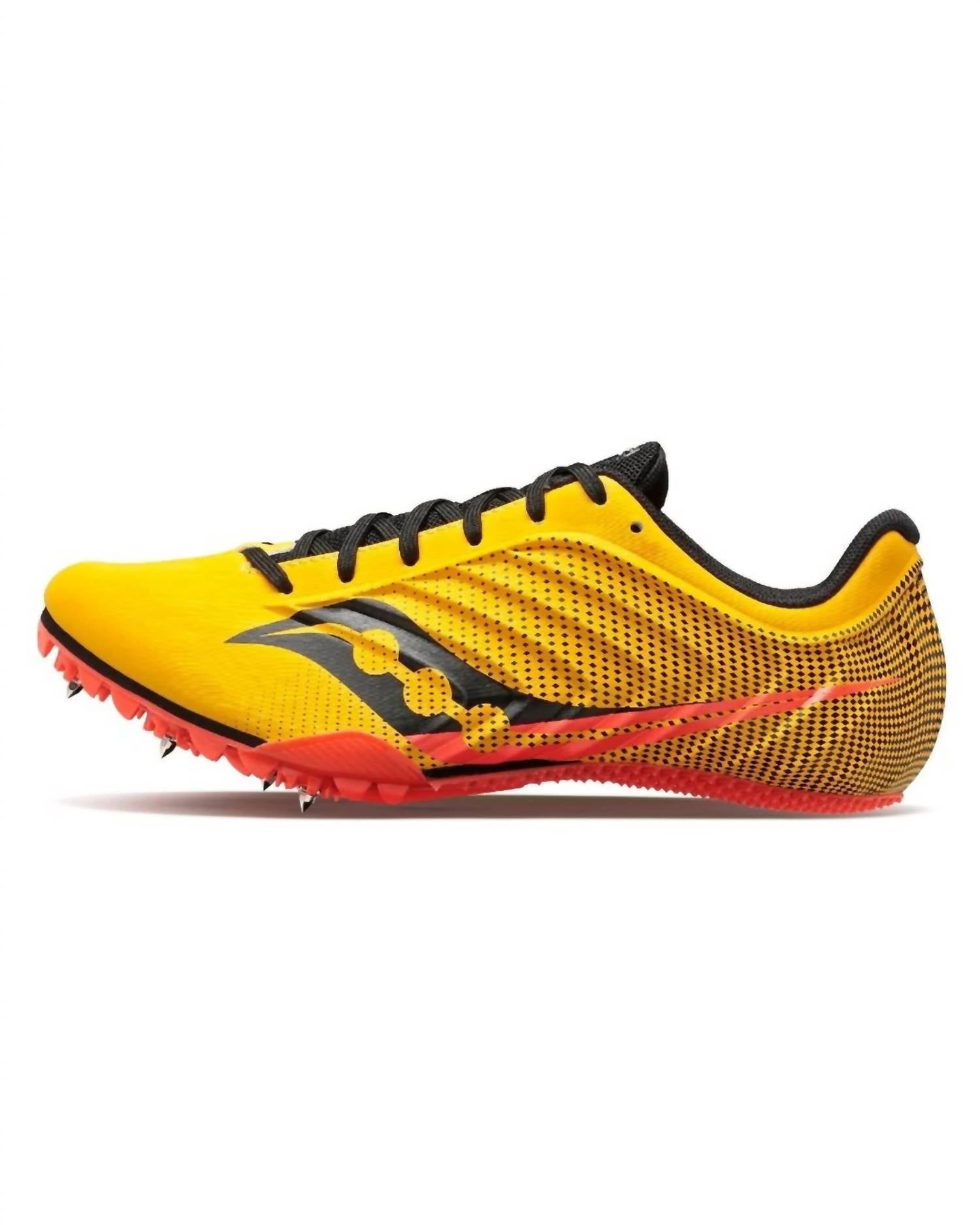 SAUCONY Women's Spitfire 5 Spike Shoe in vizigold vizired - women's shoe - detail view