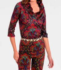 GRETCHEN SCOTT Quarter Sleeve Ruffneck Top in passion paisley black - women's blouse