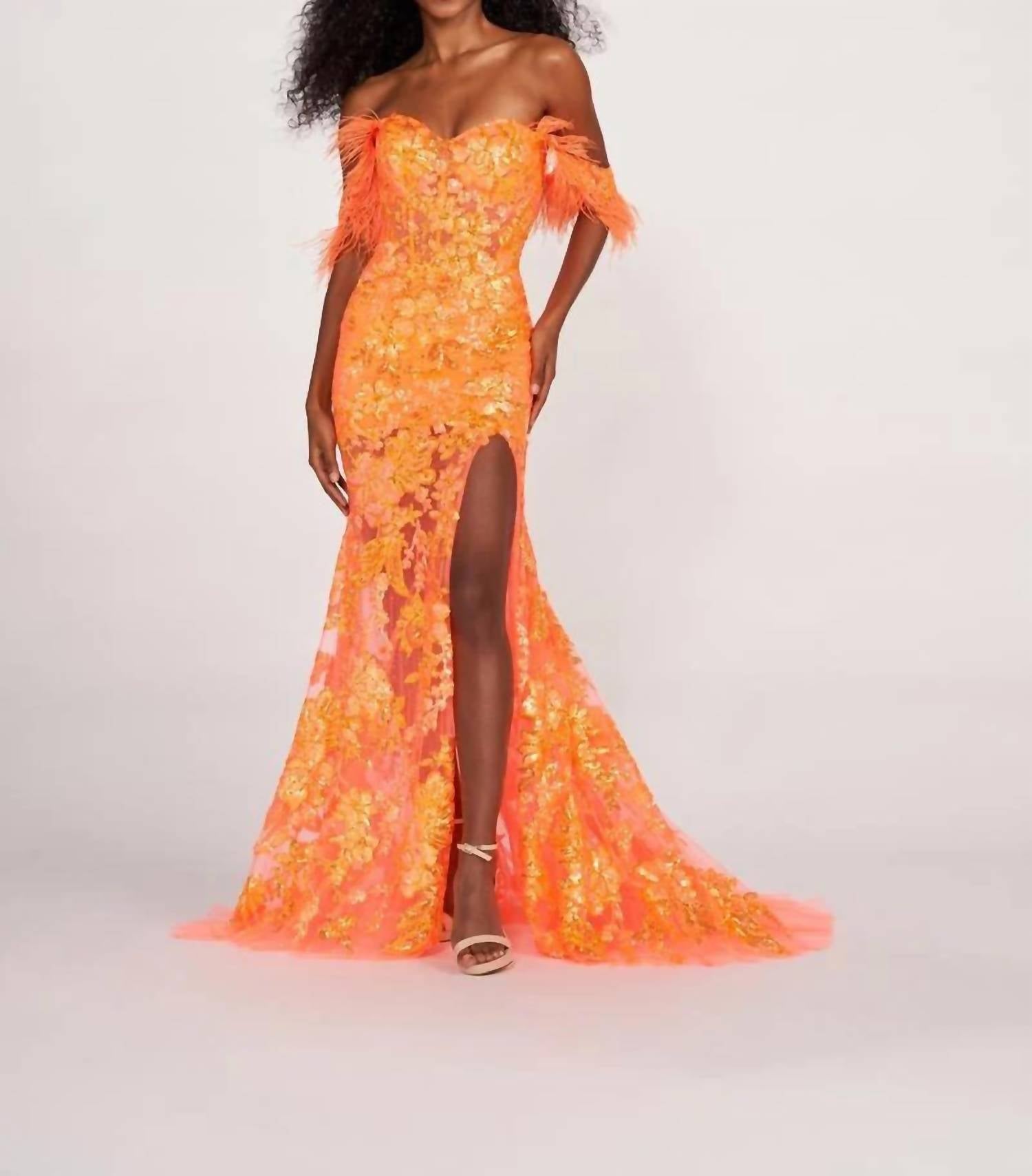 Ellie Wilde - Feather-trim Off-shoulder Long Sequin Prom Dress
