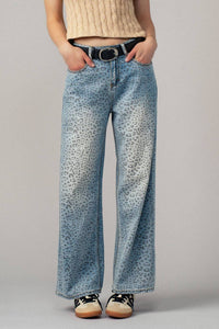 Urban Daizy - Leopard Print Wide-leg Denim Pants