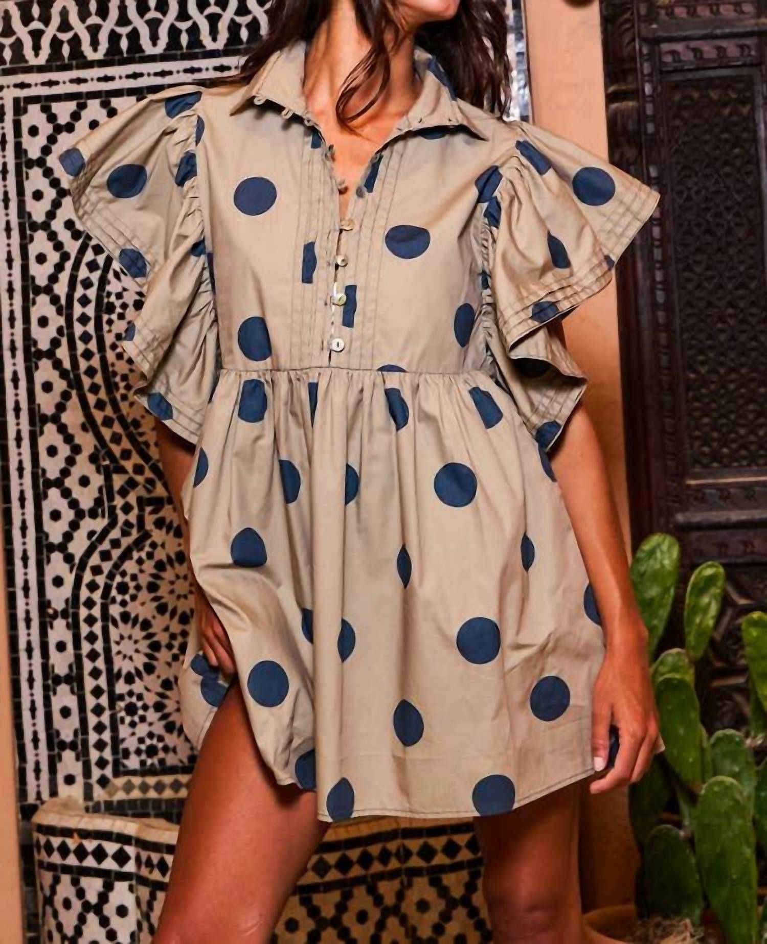 Bucketlist - Ruffle Sleeve Pintuck Detail Polka Dot Mini Dress