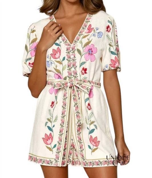 Lalavon - Rafaela Flower Print Short Puff Sleeve Romper