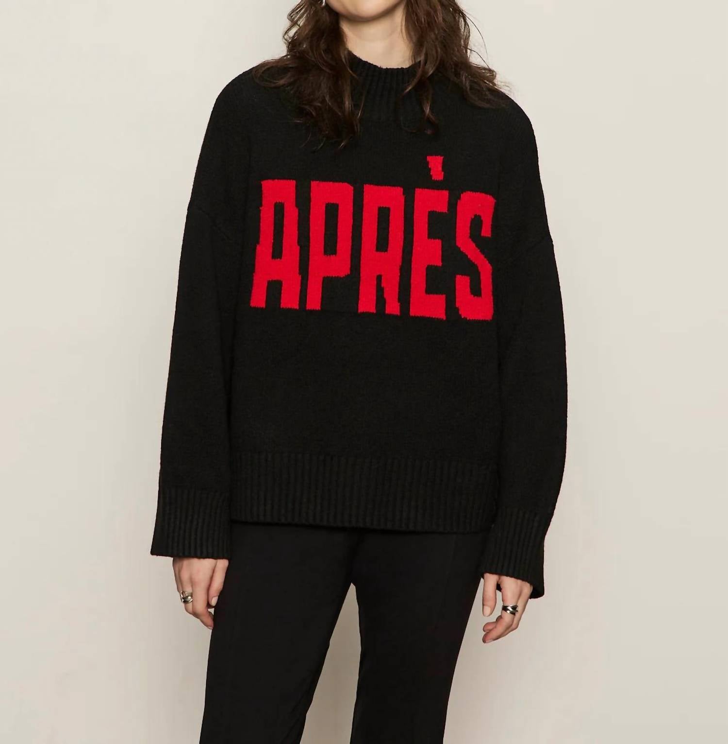 Sanctuary Apres Intarsia Hi Mock F Logo Sweater in black with mars red - women's sweater