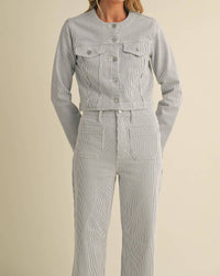 Just Usa - Colleen Stripe Collarless Denim Jacket
