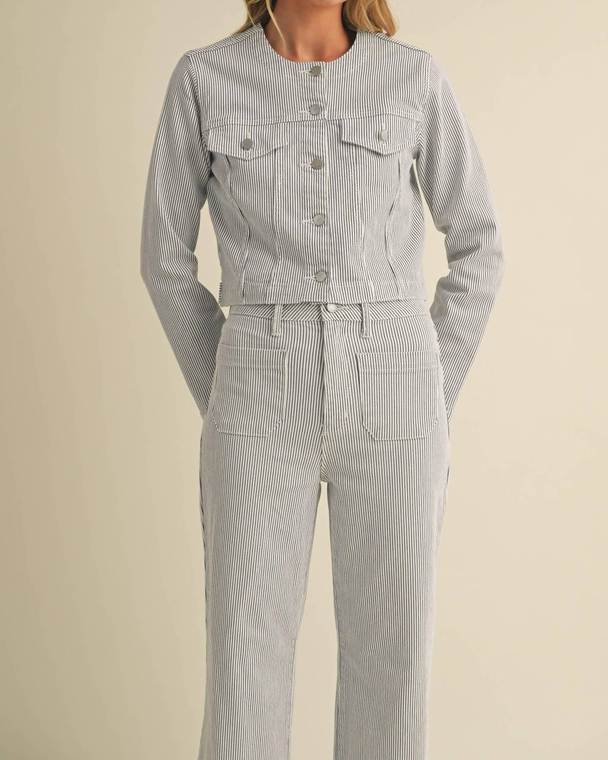 Just Usa - Colleen Stripe Collarless Denim Jacket