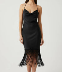 Aakaa - Violet Cowl Neck Fringe Hem Detailing Slip Midi Dress