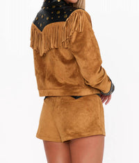Show Me Your Mumu Wilson Faux Suede Faux Leather Jacket in brown - women's jacket - detail view