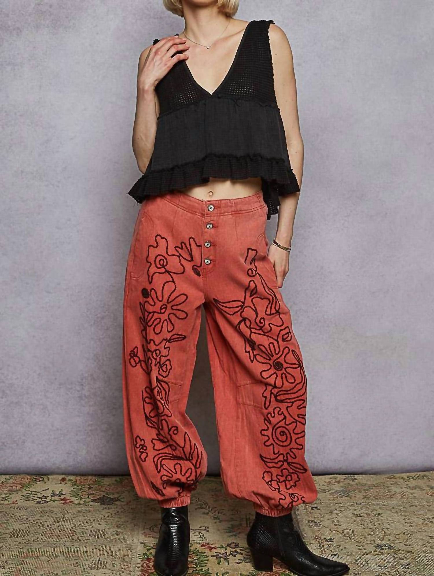 Pol - Floral Embroidered Twill Pants