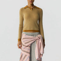 Guest In Residence Pique Long Sleeve Shrunken Polo in residence pique long sleeve shrunken polo in suede - women's long sleeve top - detail view