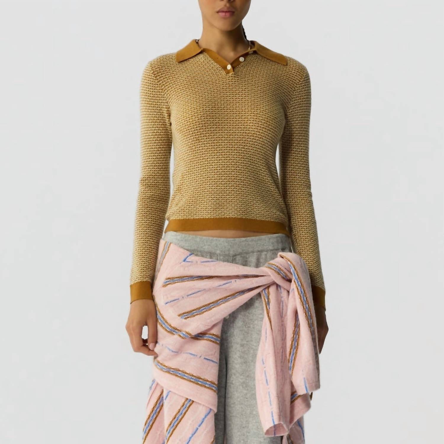 Guest In Residence Pique Long Sleeve Shrunken Polo in residence pique long sleeve shrunken polo in suede - women's long sleeve top - detail view