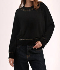 Minnie Rose Cotton Cashmere Frayed Crew Sweater in black - women's sweater