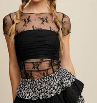 Listicle - Semi Sheer Floral Mesh Ruched Layering Top