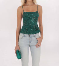 Lucy in the Sky SEQUIN EMBROIDERED OPEN BACK TOP in the sky sequin embroidered open back top in green - women's tank top