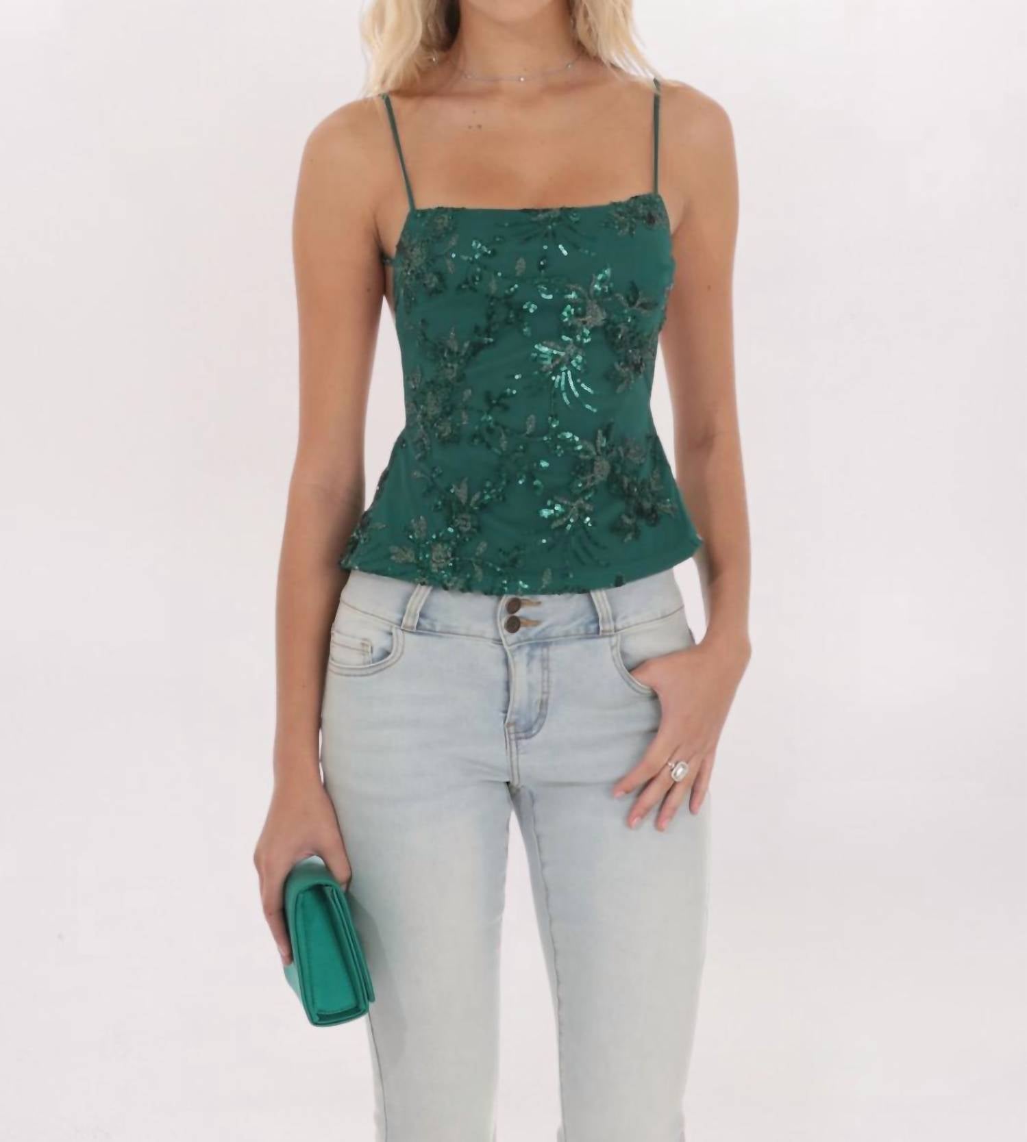 Lucy in the Sky SEQUIN EMBROIDERED OPEN BACK TOP in the sky sequin embroidered open back top in green - women's tank top