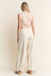 DAVI & DANI Crochet Lace Ruffle Vest in pink natural - women's jacket - detail view