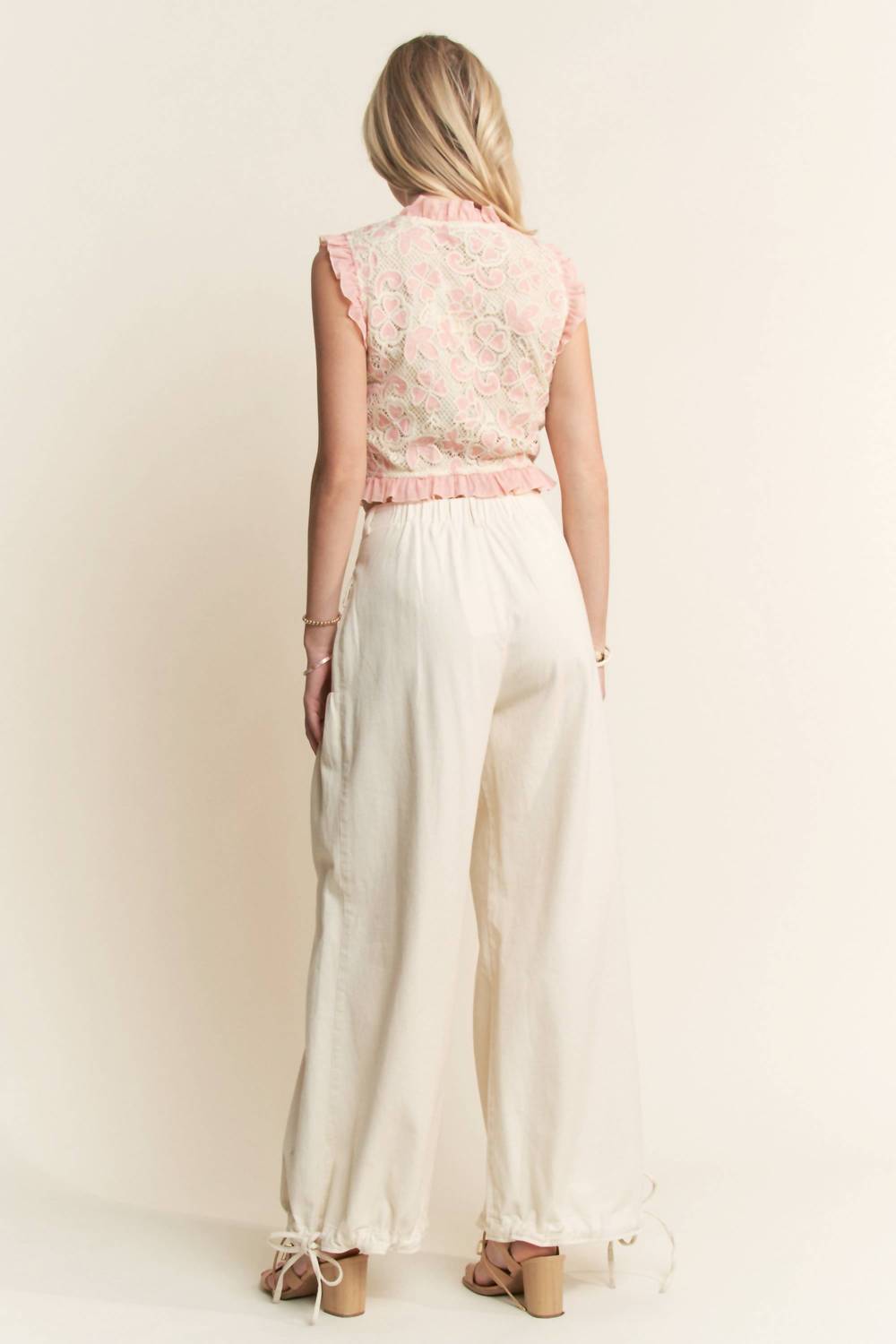 DAVI & DANI Crochet Lace Ruffle Vest in pink natural - women's jacket - detail view