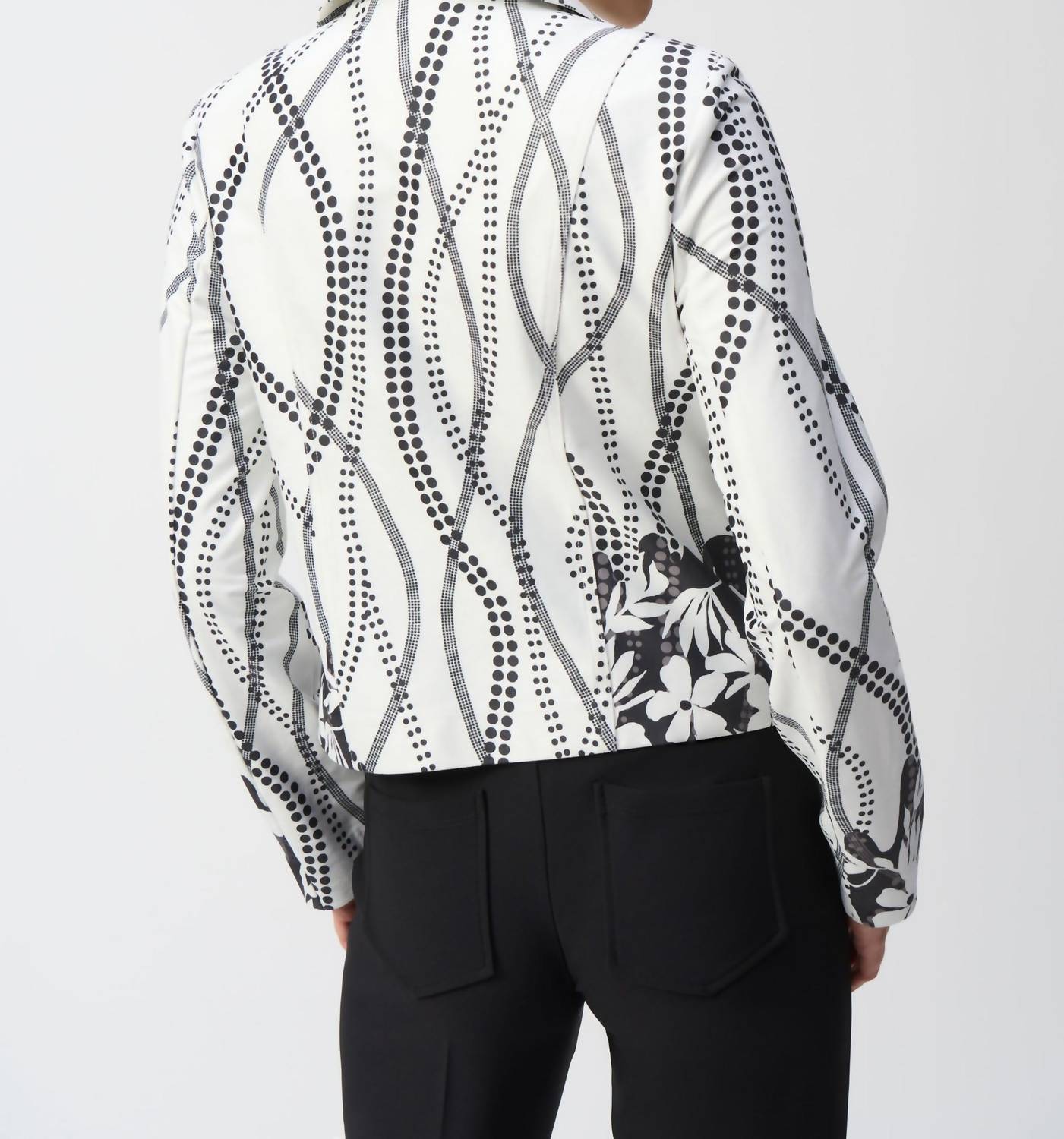 Joseph Ribkoff Faux Suede Floral Print Jacket in black white - women's jacket - detail view