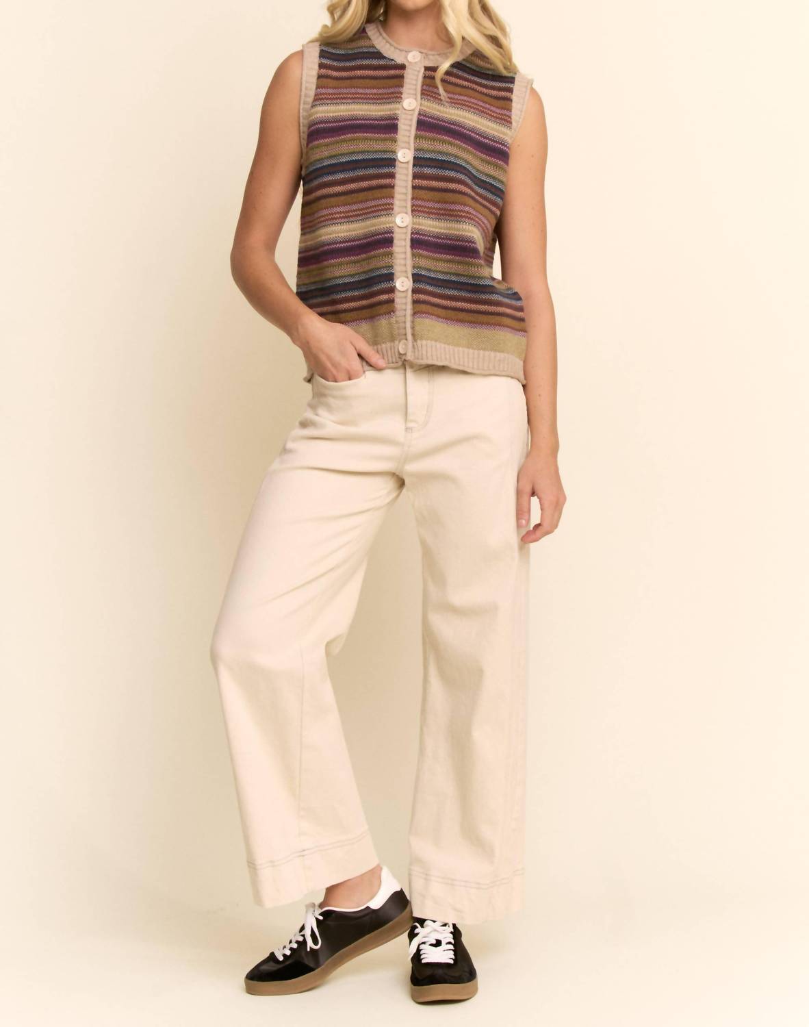 Davi & Dani - Button-down Front Stripes Ribbed Trim Vest
