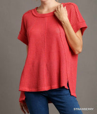 umgee Waffle Boxy Cut Short Sleeve Top in strawberry - women's blouse