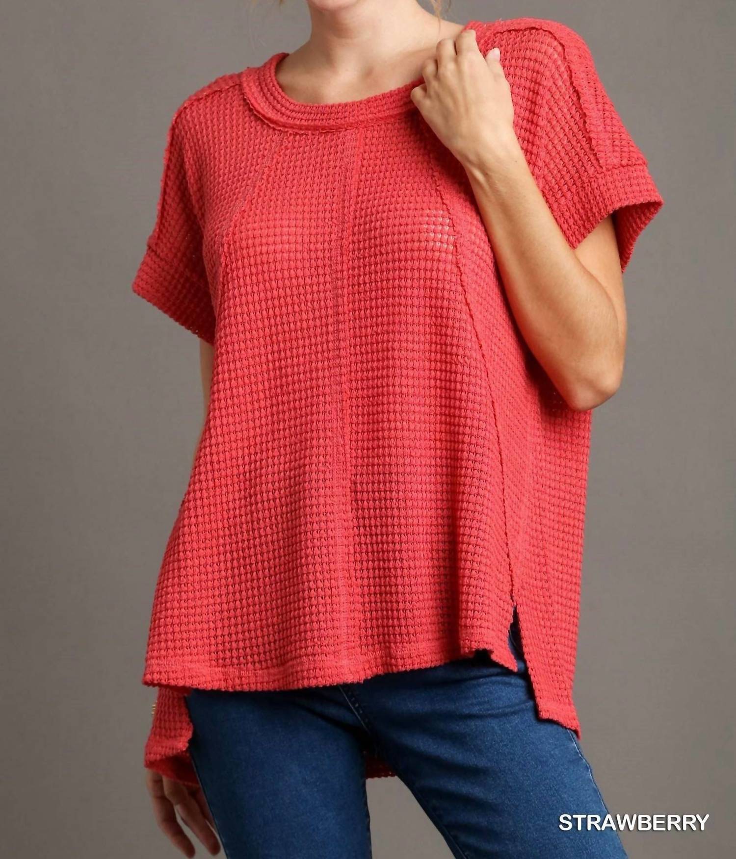 umgee Waffle Boxy Cut Short Sleeve Top in strawberry - women's blouse