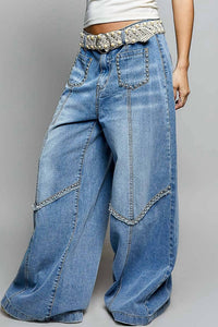 POL Vintage Washing Solid Back Elastic Band High Rise Wide Pants in denim - women's pants - detail view