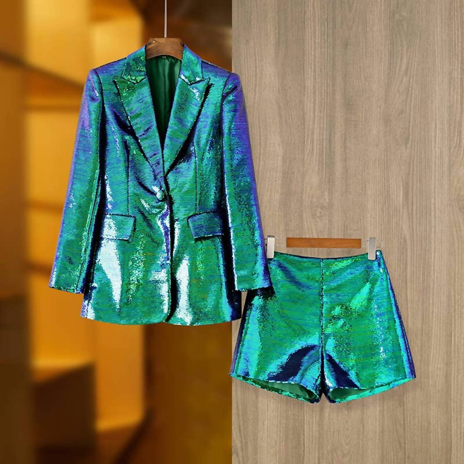 BABE New Orleans Sequin Blazer & Shorts Glam Set in green blue - women's sleepwear - detail view