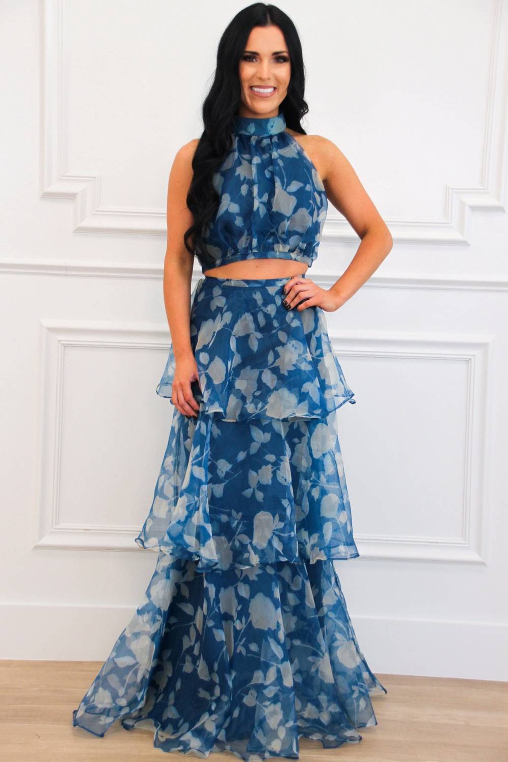 Luxxel - Cordelia High Neck Floral Ruffle Two Piece Maxi Set