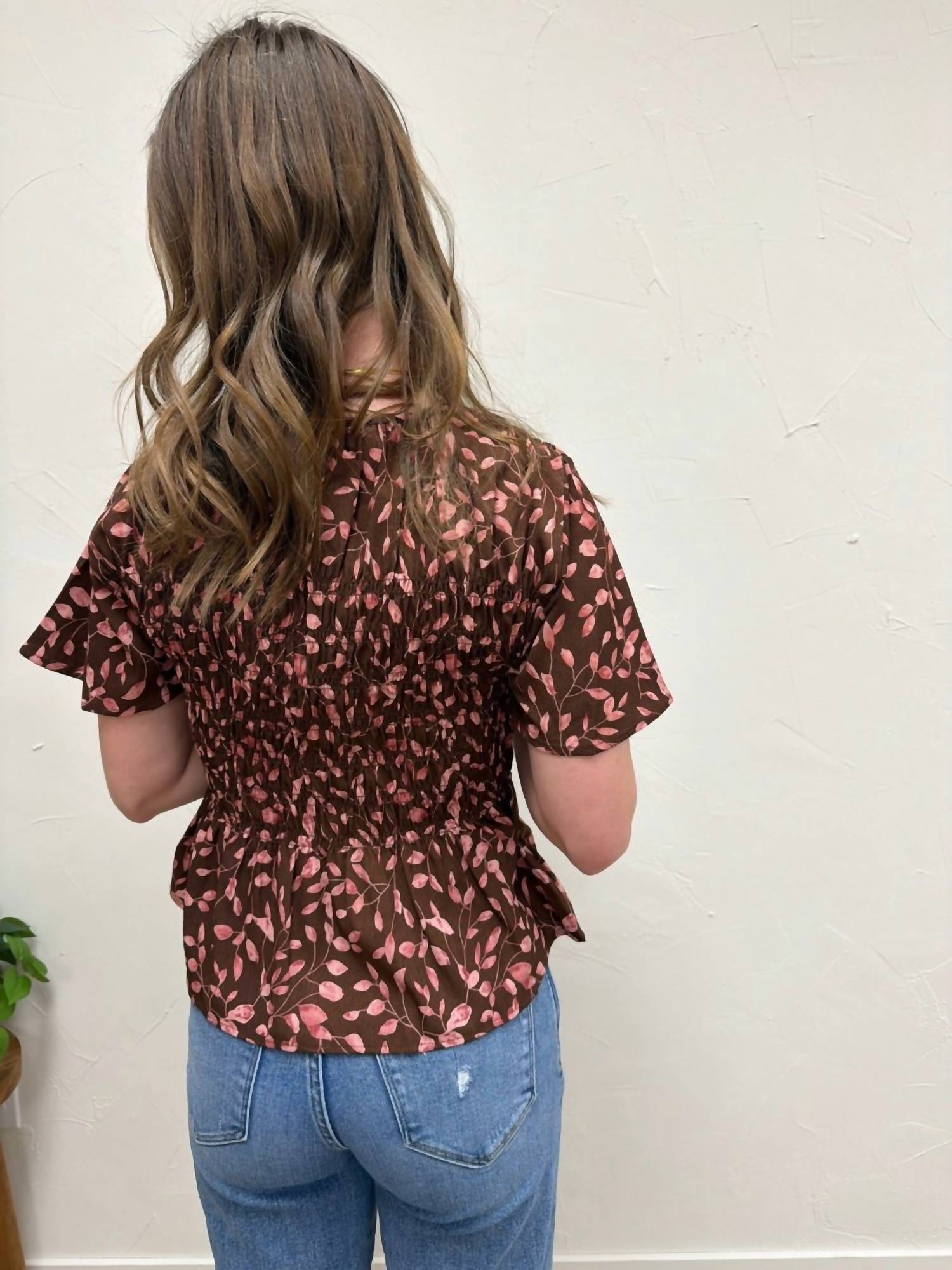 WISHLIST Floral Smocked Peplum Blouse in espresso rose - women's blouse - alternate view