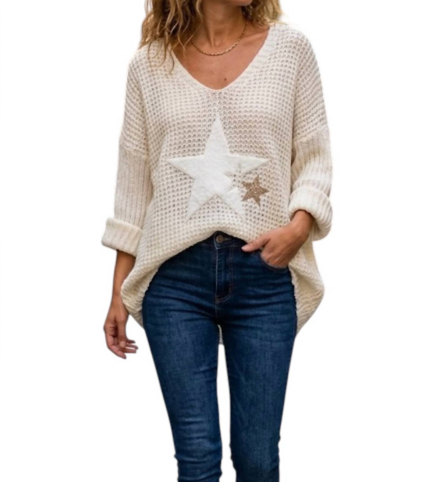 Venti6 Long Sleeve V Neck Tunic Sweater in white - women's sweater