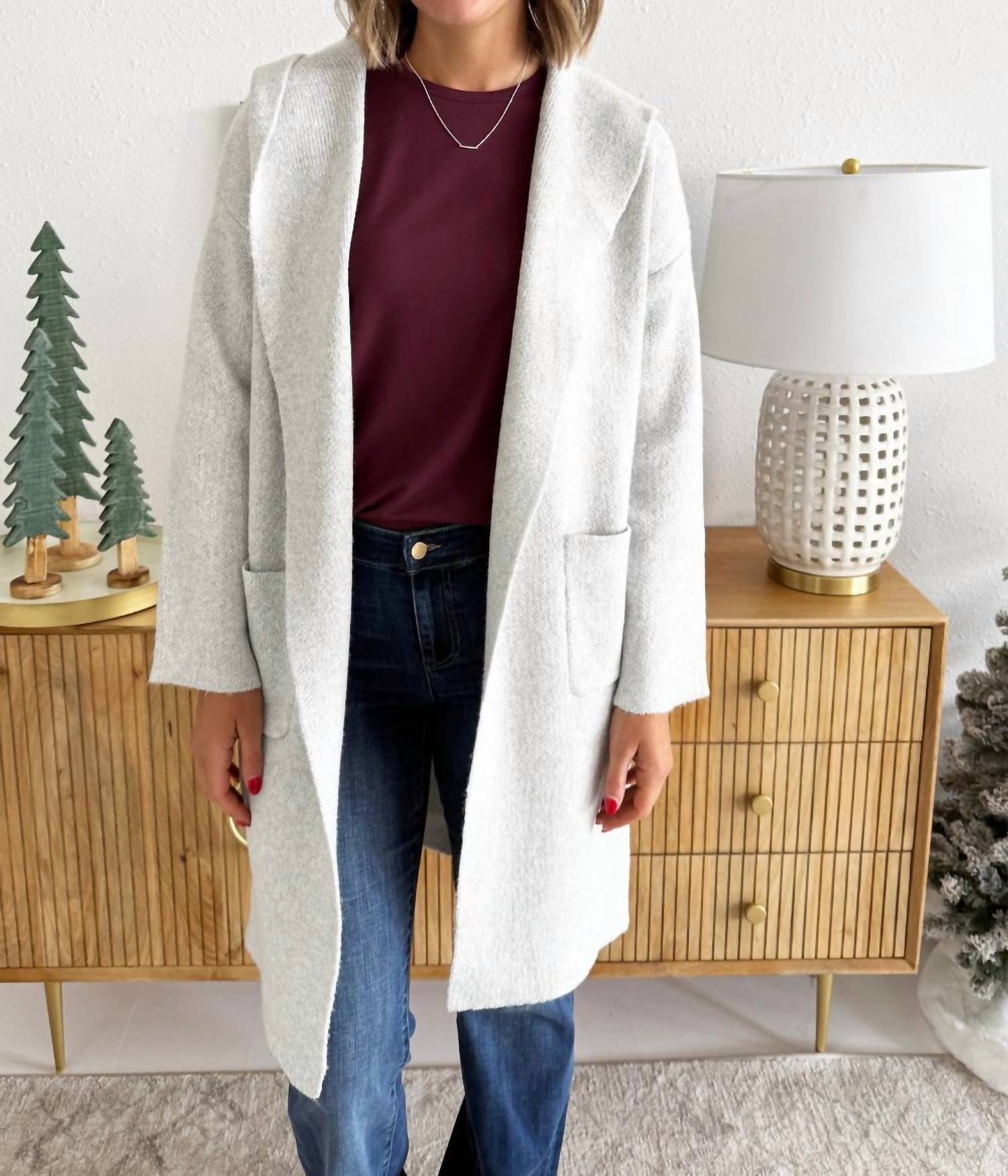 Cozy Co. Hooded Brushed Knit Open Cardigan in light grey - women's cardigan