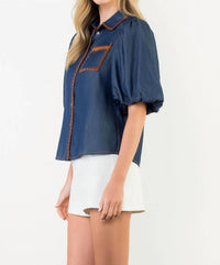 Thml - Stitched In Style Puff Sleeve Denim Top