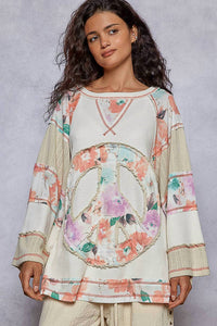 Pol - Crew Neck Printed Peace Patch Overlock Stitch Knit Top