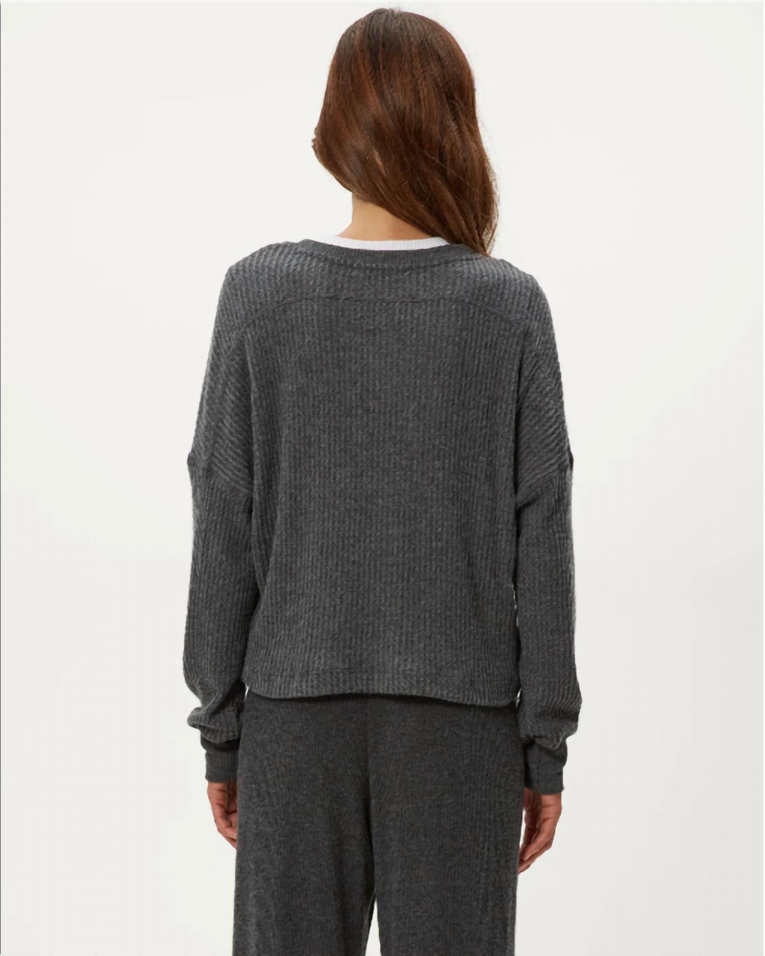 Michael Stars Salma Brushed Waffle Long Sleeve V Neck Top in charcoal - women's long sleeve top - detail view