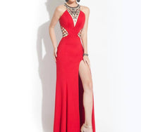 Rachel Allan - High Mesh Neck Jersey Prom Gown With High Slit