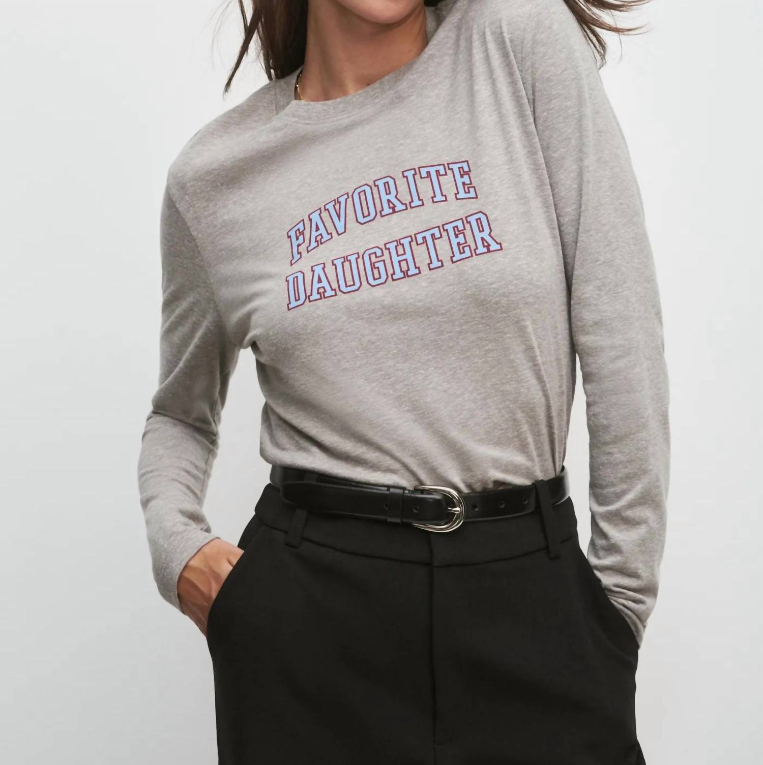 Favorite Daughter Cropped Collegiate Long Sleeve Tee in heather grey light blue - women's long sleeve top