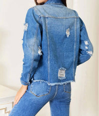 Baeful - Floral Distressed Raw Hem Denim Jacket
