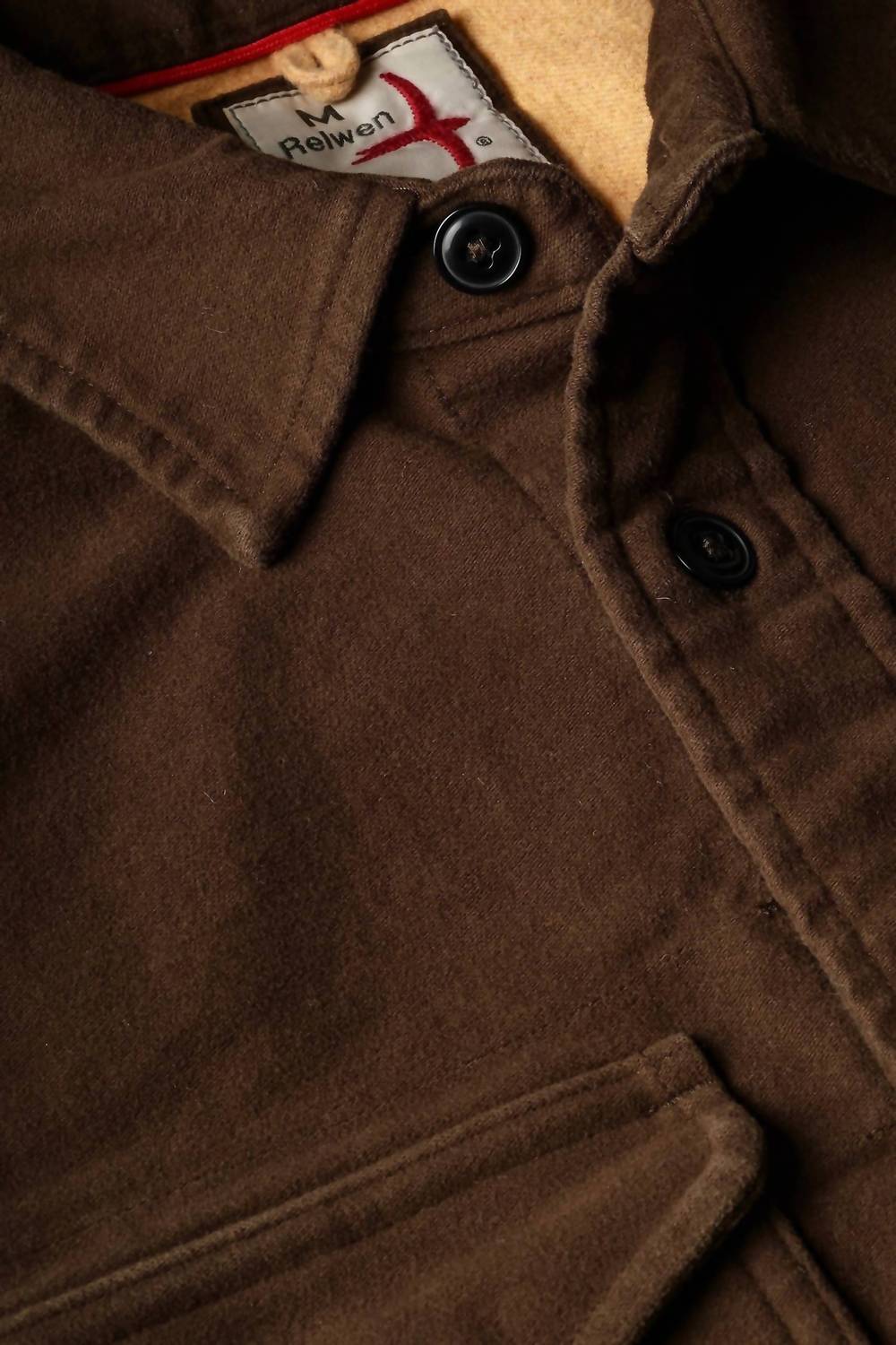 Relwen Men's Utility Long Sleeve Workshirt in coffee moleskin - men's jacket - detail view