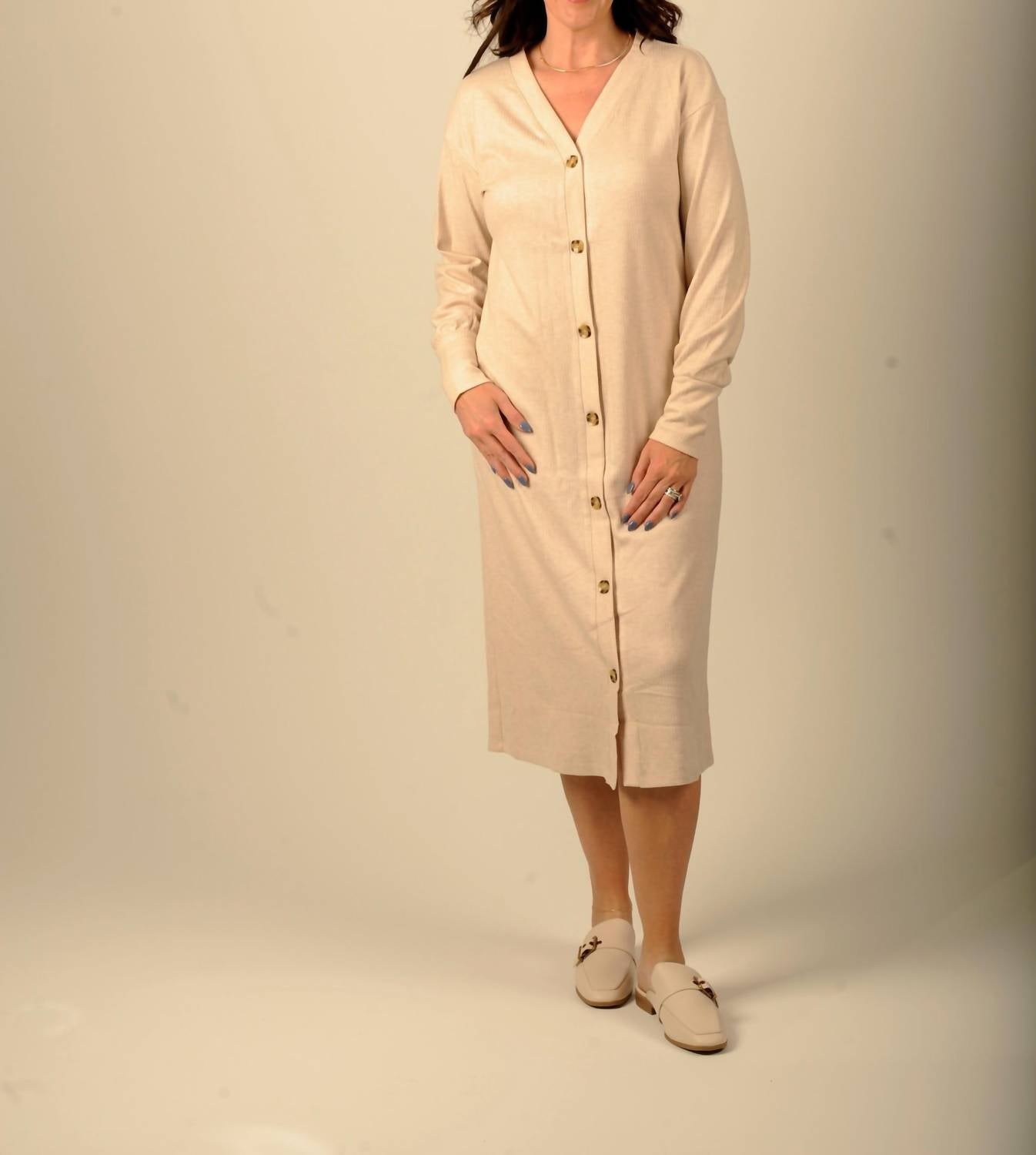 Doe and Rae Oat And Honey Button Down Midi Dress in beige - women's dress
