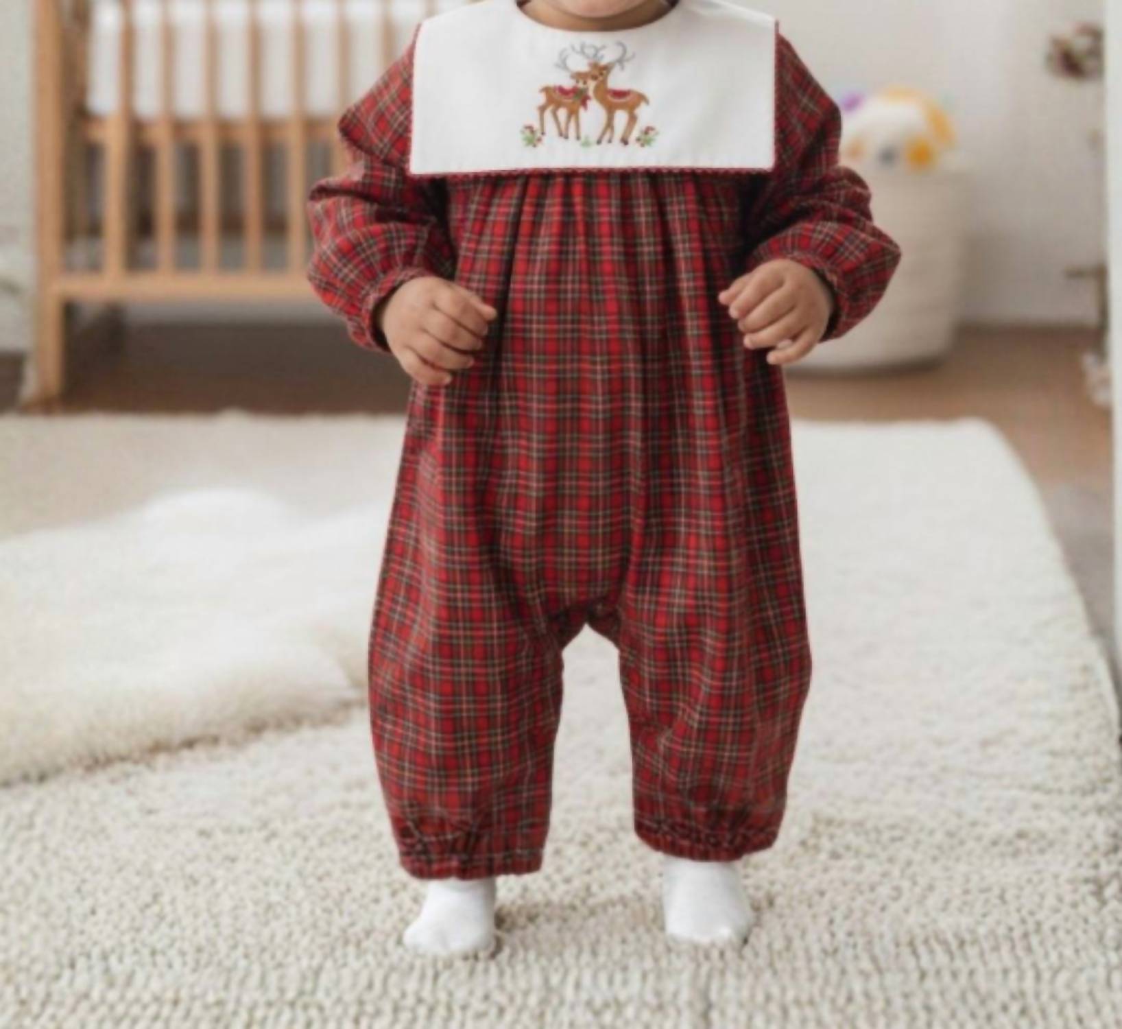 Bailey Boys Reindeer On Plaid-dressy Long Bubble Romper in red - kids' item