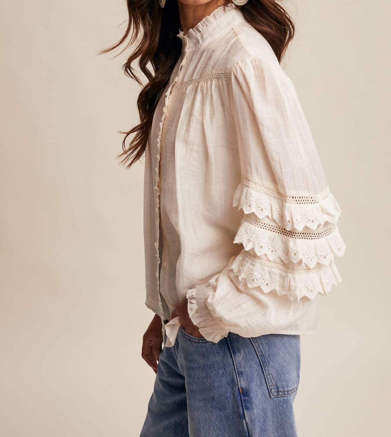 Listicle Lace Ruffle Sleeve Blouse in cream - women's blouse - view 9