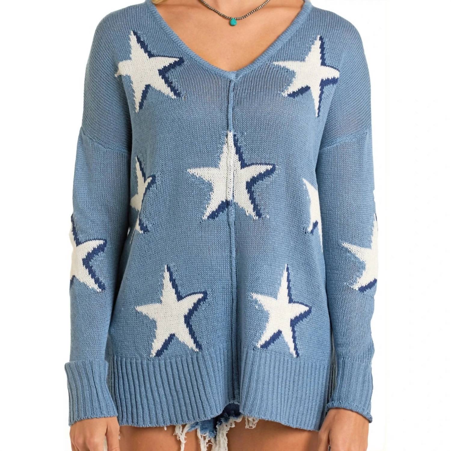 Rock & Roll Denim Star Print Sweater in cerulean - women's sweater - view 6