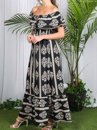 Vine & Love - Geo Printed Off The Shoulder Tassel Trim Dress