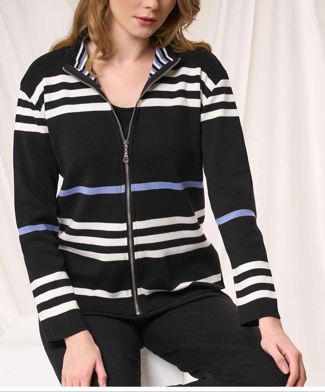 Angel Apparel Stripe Zip Up Jacket in black denim - women's jacket - detail view