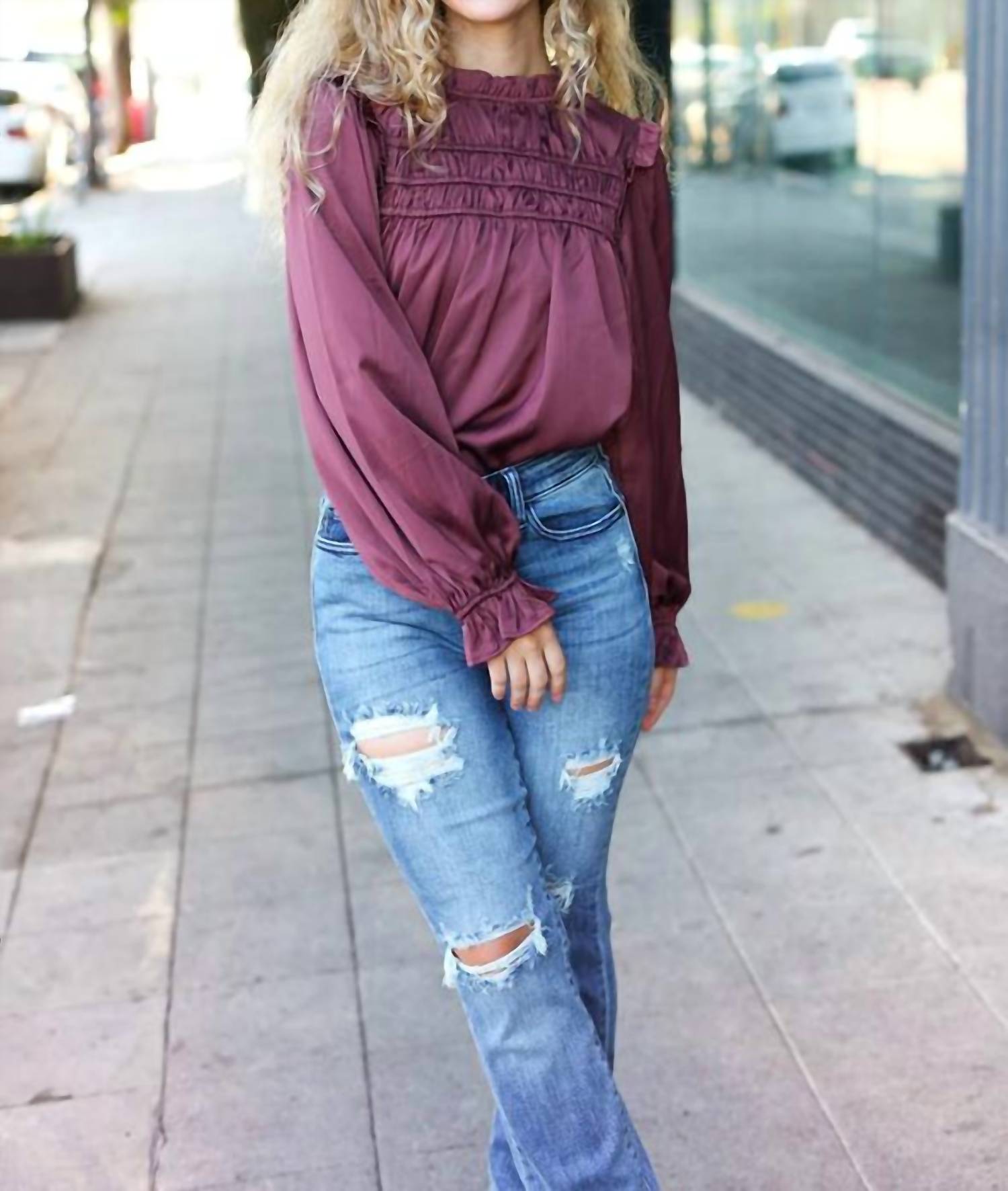 Haptics - Mock Neck Satin Long Sleeve Blouse