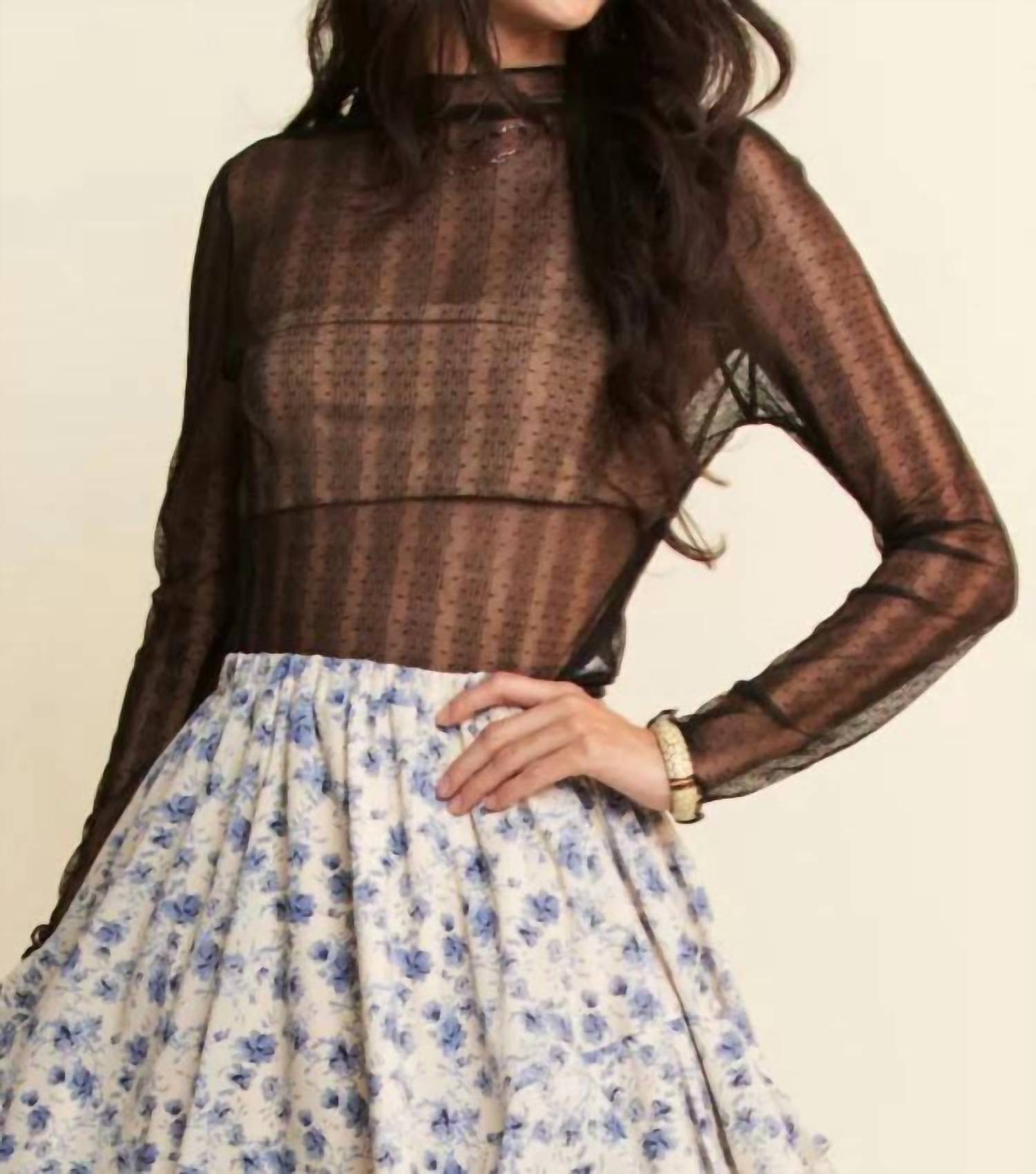 DAVI & DANI Midnight Whimsy Mesh Top in black - women's long sleeve top - detail view